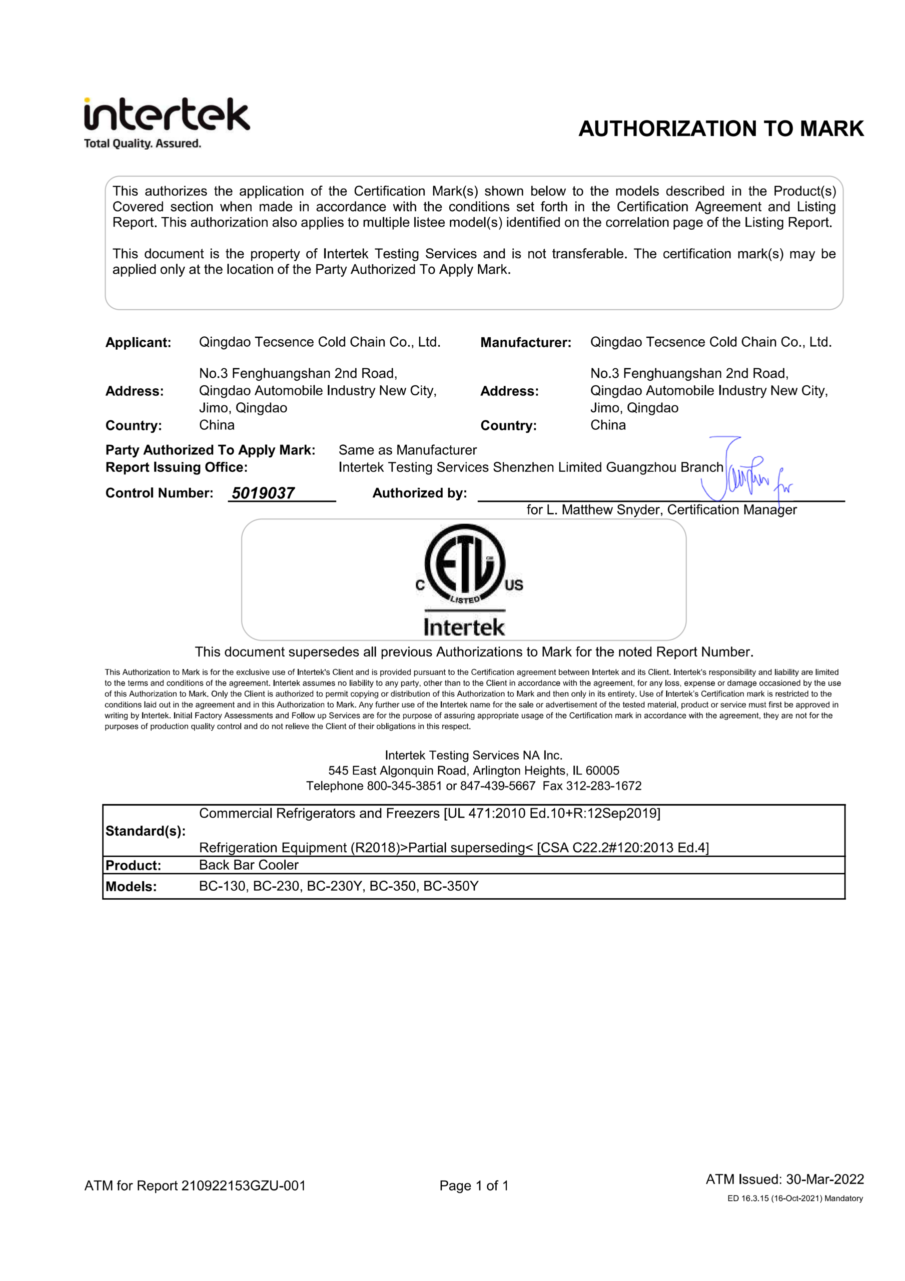 ETL certification document